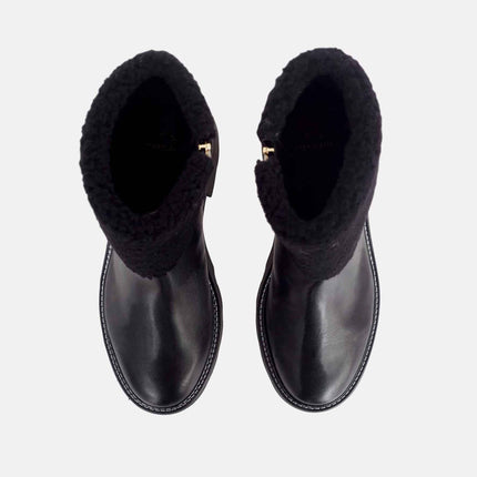Andira Black Leather Ankle Boots – 5cm Block Heel Shearling Lug Sole