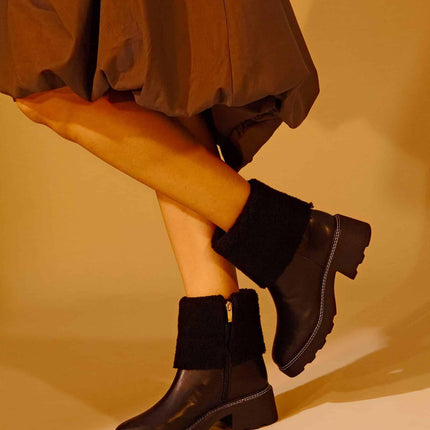 Andira Black Leather Ankle Boots – 5cm Block Heel Shearling Lug Sole