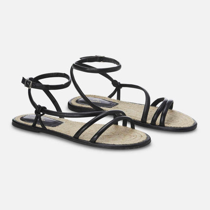 Angico Black Leather Strappy Flat