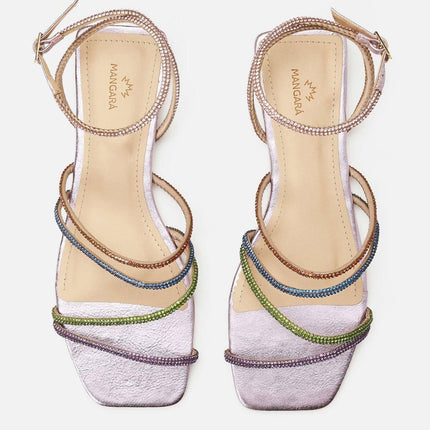 Arca Leather Sandals – 8cm Crystal Straps High Heel Purple