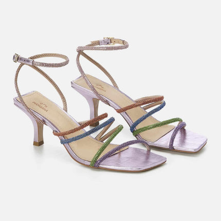 Arca Leather Sandals – 8cm Crystal Straps High Heel Purple