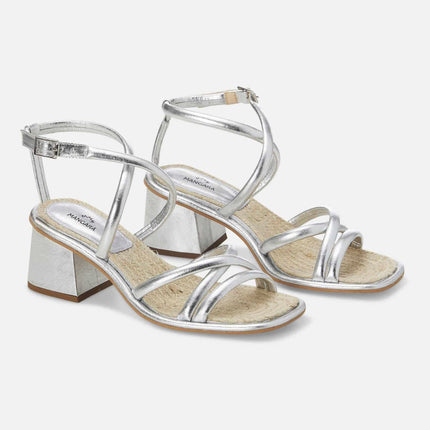 Bromelia Silver Leather Sandals – 7cm Block Heel