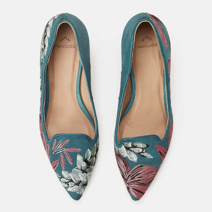 Ipê Suede Turquoise Leather Pumps – 6cm Embroidered Kitten Heel