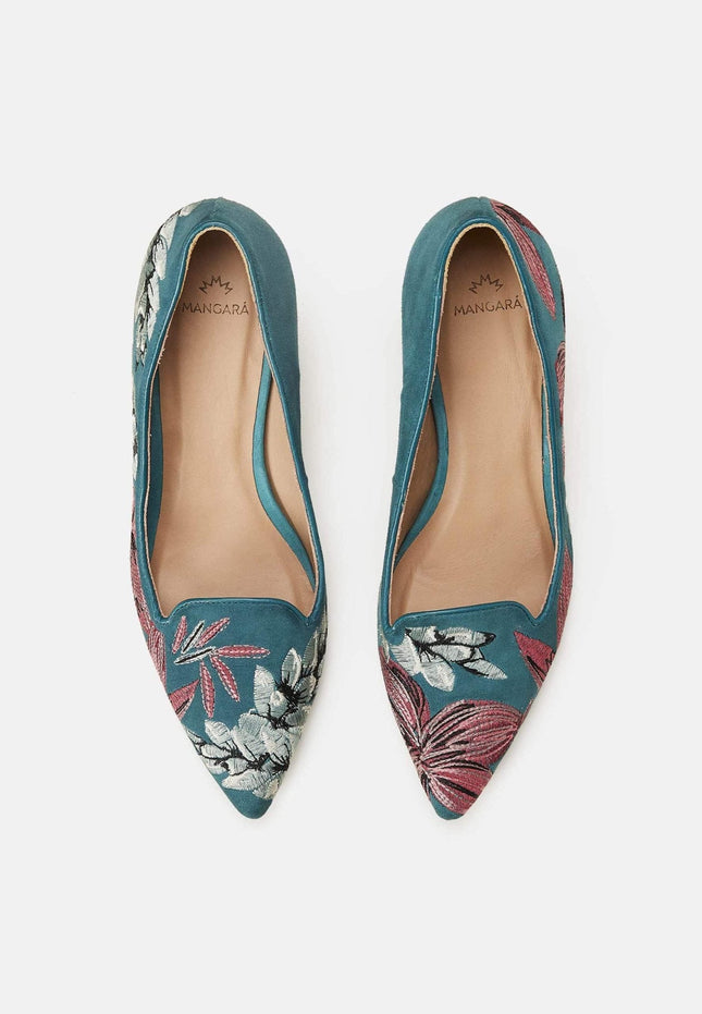 Ipê Suede Turquoise Leather Pumps – 6cm Embroidered Kitten Heel