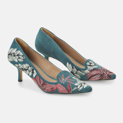 Ipê Suede Turquoise Leather Pumps – 6cm Embroidered Kitten Heel