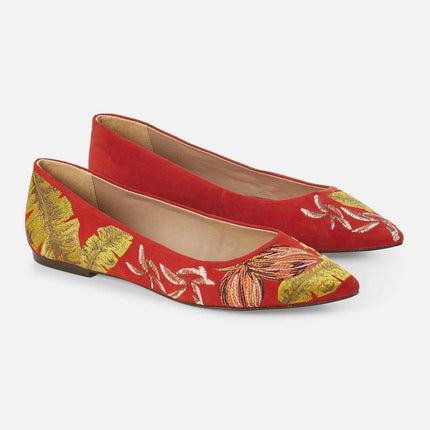 Pindaiva Red Suede Embroidered Ballerinas
