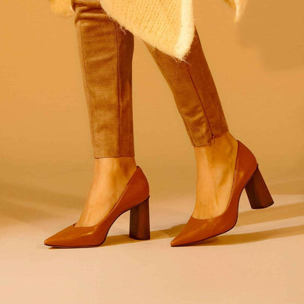 Plinia Leather Block Heel Pumps – 8.4cm Brown