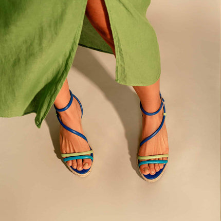 Romã Blue Leather Espadrille Wedges – Jute Platform