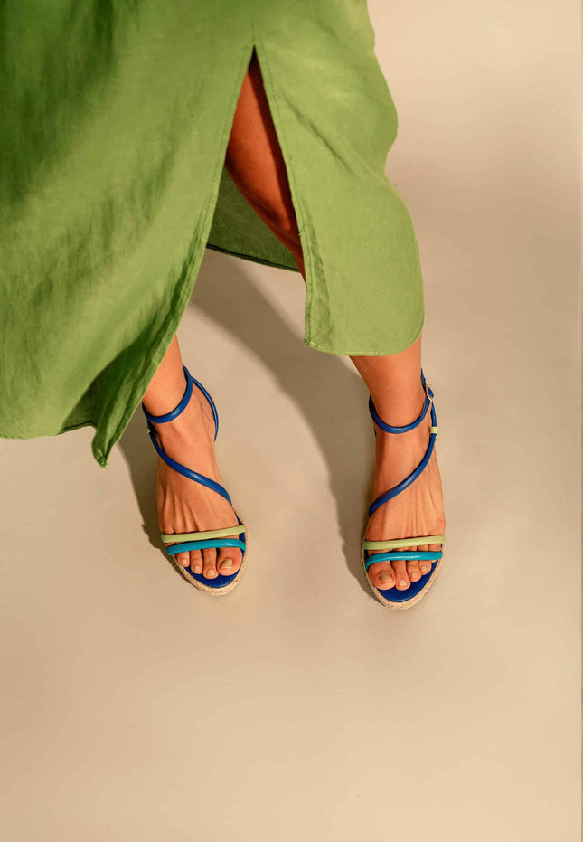 Romã Blue Leather Espadrille Wedges – Jute Platform