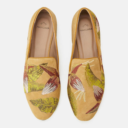 Canela Suede Green Leather Embroidered Loafers