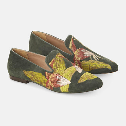 Canela Suede Green Leather Embroidered Loafers