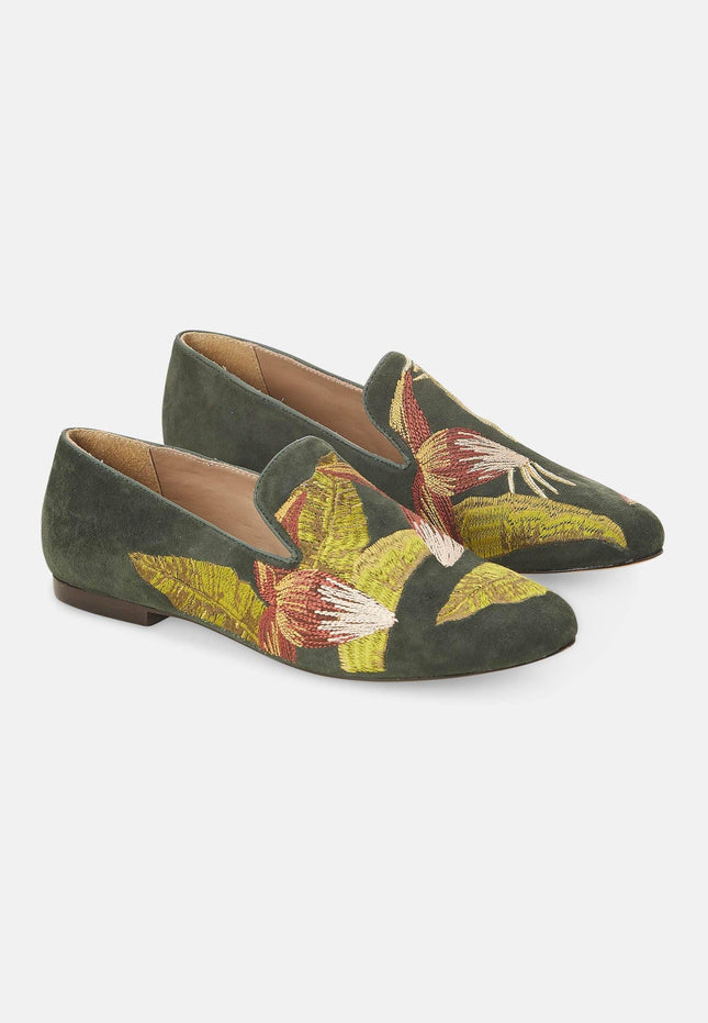 Canela Suede Green Leather Embroidered Loafers