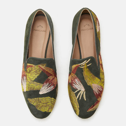 Canela Suede Green Leather Embroidered Loafers