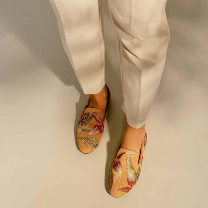 Canela Suede Green Leather Embroidered Loafers