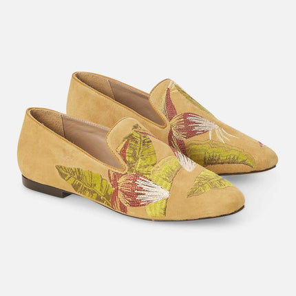 Canela Suede Green Leather Embroidered Loafers