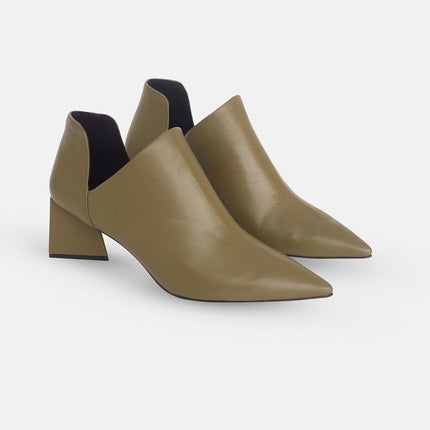 Maranta Olive Sheepskin Ankle Boots – 6.3cm Pointed Block Heel