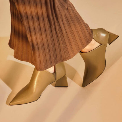 Maranta Olive Sheepskin Ankle Boots – 6.3cm Pointed Block Heel