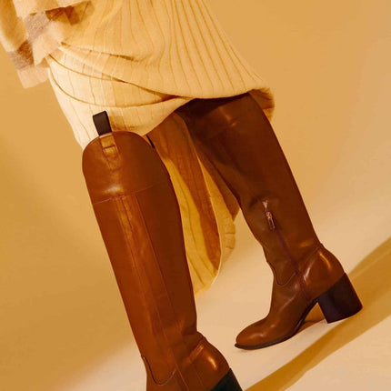 Canna Calf Brown Leather Knee-High Boots – 6.5cm Block Heel Riding