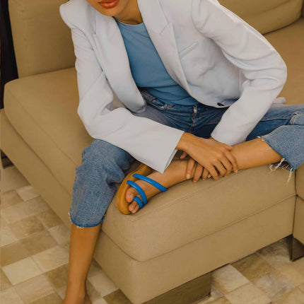 Cacau Calf Blue Leather Three-Strap Slide Sandals