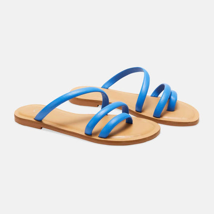 Cacau Calf Blue Leather Three-Strap Slide Sandals