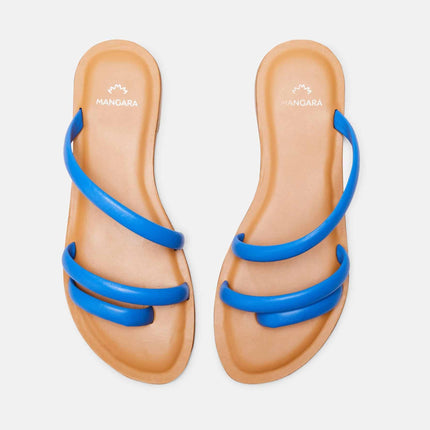 Cacau Calf Blue Leather Three-Strap Slide Sandals