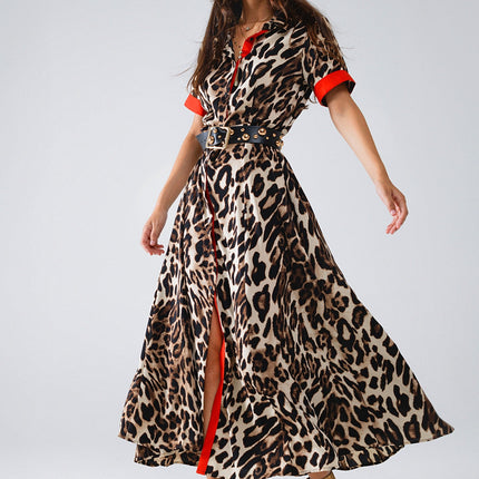 Maxi Leopard Button-Down Dress With Red Details