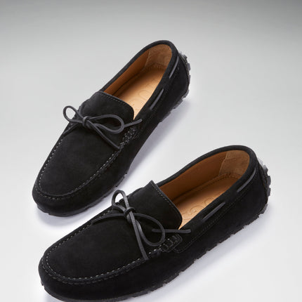 Tyre Sole Laced Driving Loafers, Black Suede