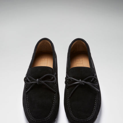 Tyre Sole Laced Driving Loafers, Black Suede