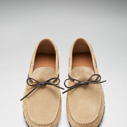 Tyre Sole Laced Driving Loafers, Taupe Suede