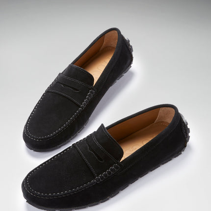 Tyre Sole Penny Driving Loafers, Black Suede