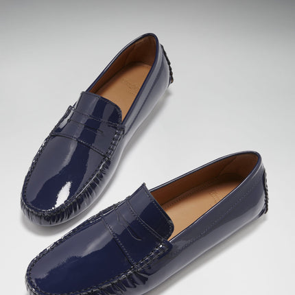 Penny Driving Loafers, Navy Blue Patent Leather