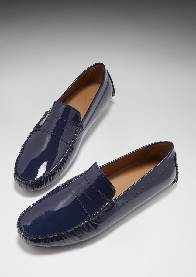 Penny Driving Loafers, Navy Blue Patent Leather