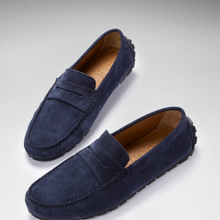 Tyre Sole Penny Driving Loafers, Navy Blue Suede