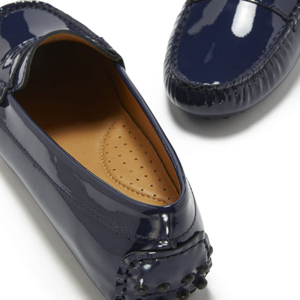 Penny Driving Loafers, Navy Blue Patent Leather