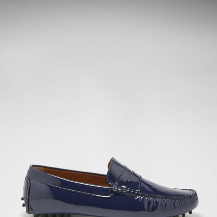 Penny Driving Loafers, Navy Blue Patent Leather