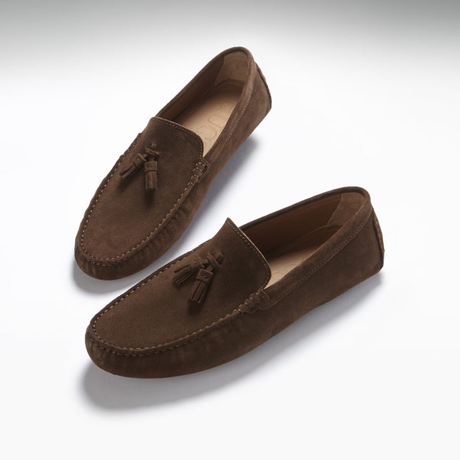 Tasselled Driving Loafers, Brown Suede