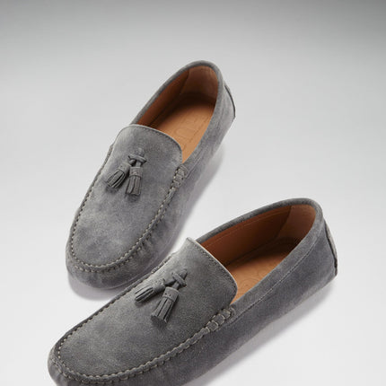 Tasselled Driving Loafers, Slate Grey Suede
