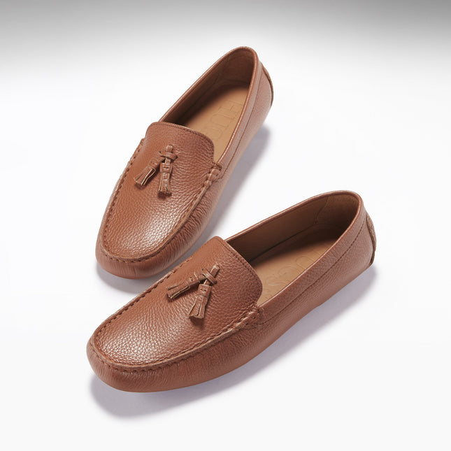 Tasselled Driving Loafers, Tan Grain Leather