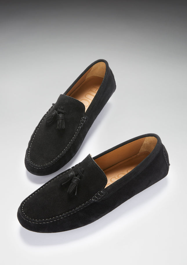 Tasselled Driving Loafers, Black Suede