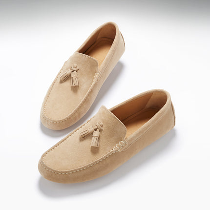Tasselled Driving Loafers, Taupe Suede