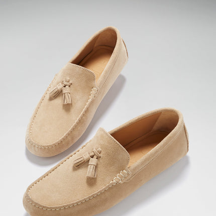 Tasselled Driving Loafers, Taupe Suede