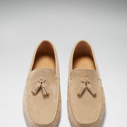 Tasselled Driving Loafers, Taupe Suede