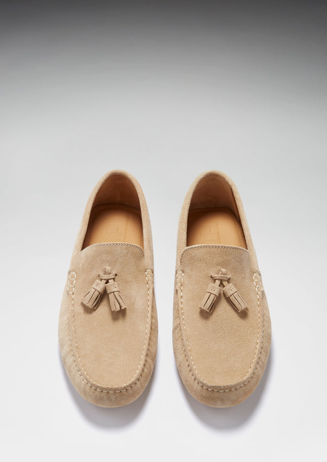Tasselled Driving Loafers, Taupe Suede