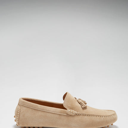 Tasselled Driving Loafers, Taupe Suede