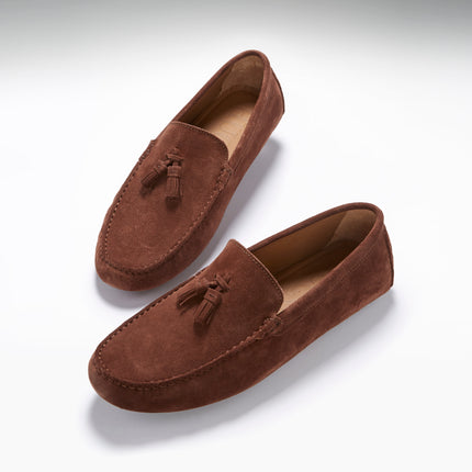 Tasselled Driving Loafers, Mahogany Brown Suede