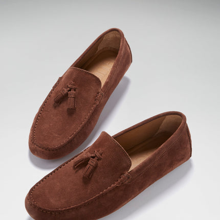 Tasselled Driving Loafers, Mahogany Brown Suede
