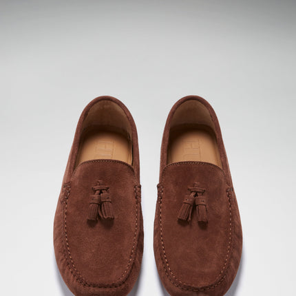 Tasselled Driving Loafers, Mahogany Brown Suede