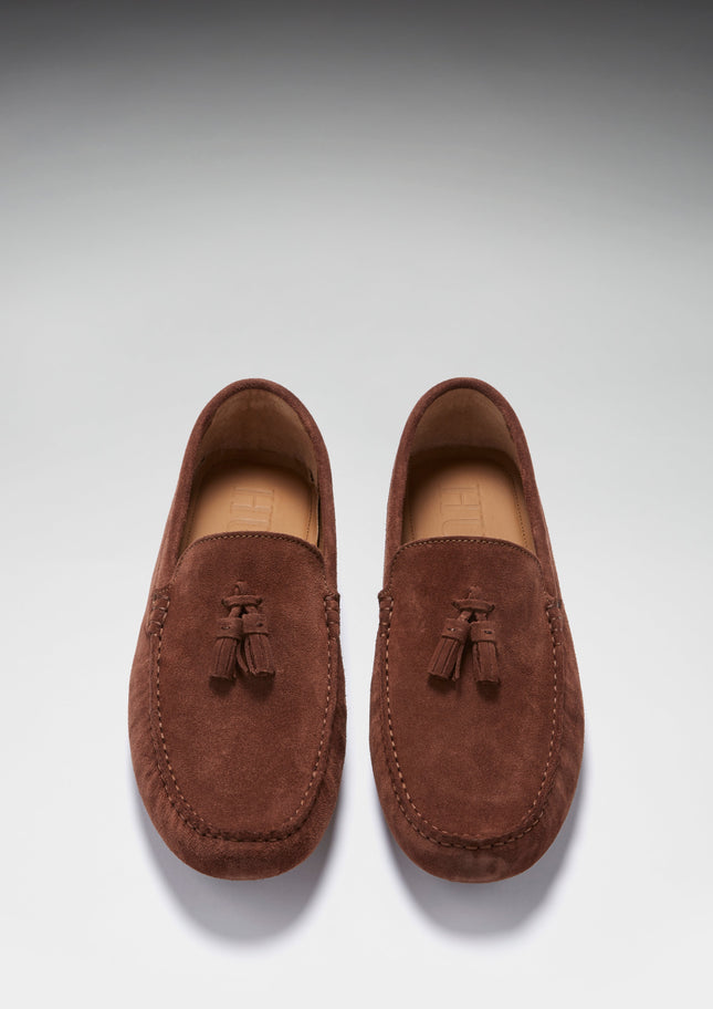 Tasselled Driving Loafers, Mahogany Brown Suede