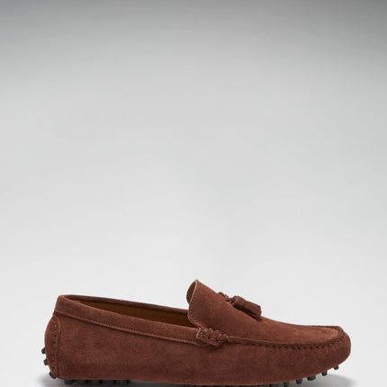 Tasselled Driving Loafers, Mahogany Brown Suede
