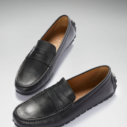 Tyre Sole Penny Driving Loafers, Black Leather